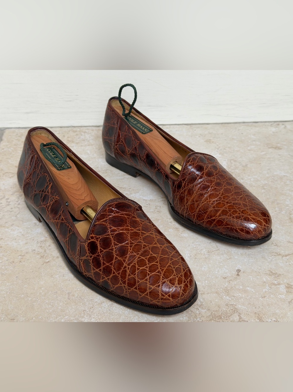 Vintage Cole Haan Brown Croc-Embossed Leather Slip-On Loafers